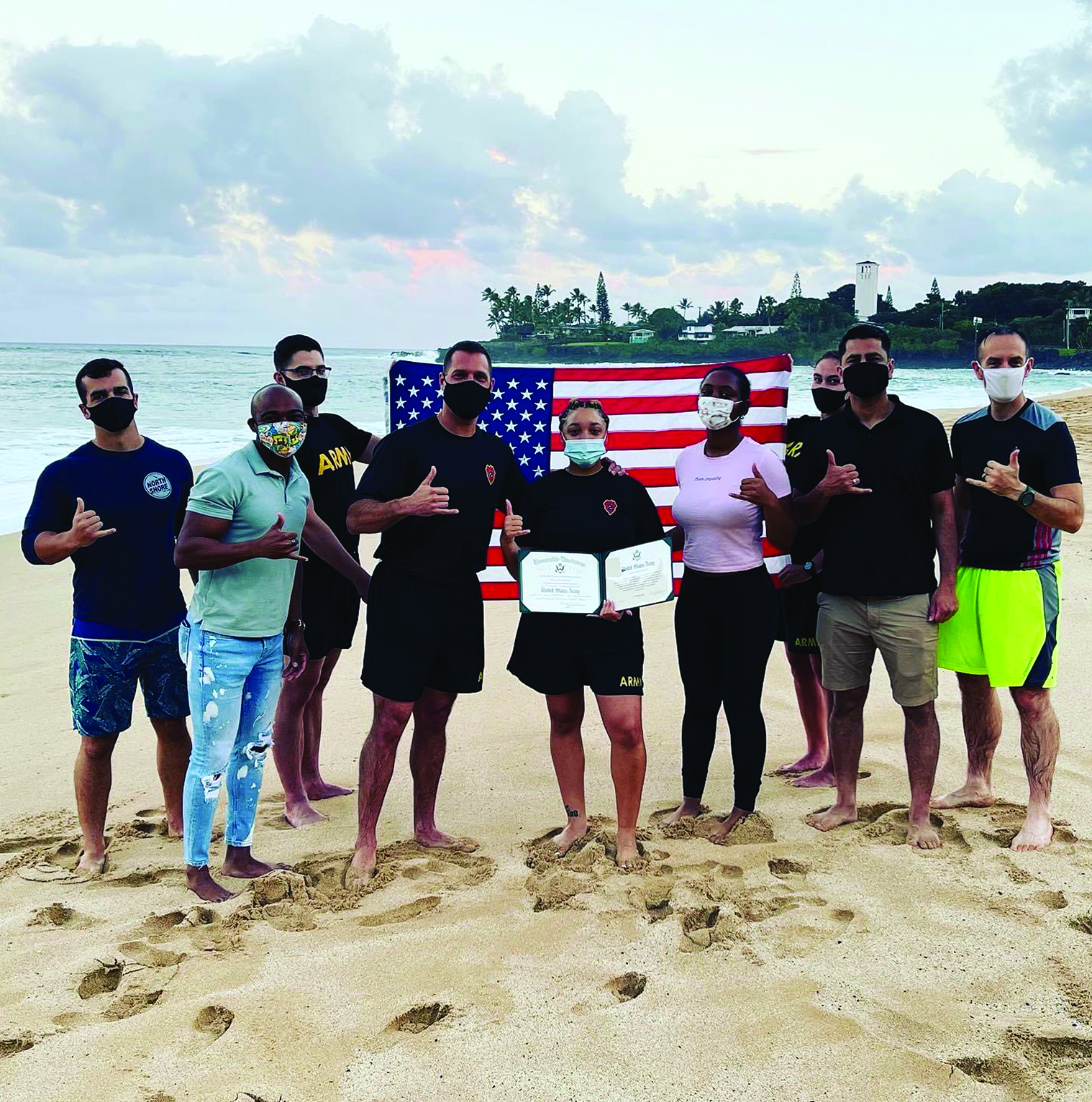 On 18 December 2020, SPC(P) Jinelis Solis, 2IBCT, 25th ID, reenlisted for three more years, including 12 months of stabilization in beautiful Hawaii. Members of the Warrior Brigade legal section and the HHC, 65th BEB commander came together at Waimea Bay for the occasion. Pictured from left to right: CPT John Ruhl, CPT LeBuria Johnson, SGT David Willey, MAJ Chris Chatelain, SPC(P) Jinelis Solis, SPC Lelia Contee, SGT Ashley Kiley, CPT Vick Jaswal, and SFC Thomas Coyne. Congratulations!